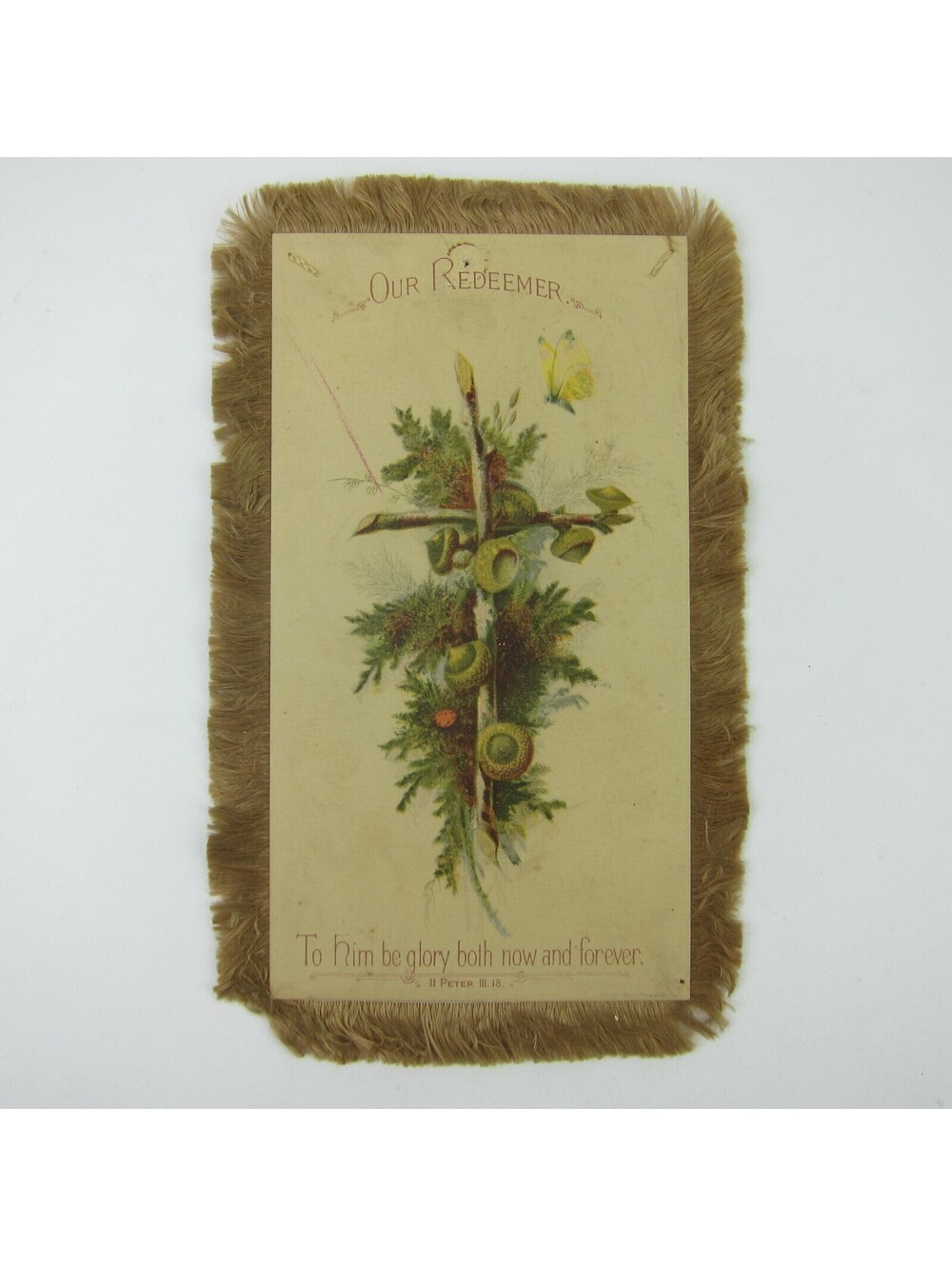 Victorian Card Easter Cross Branches Tree Bough Silk Fringe Double Sided Antique